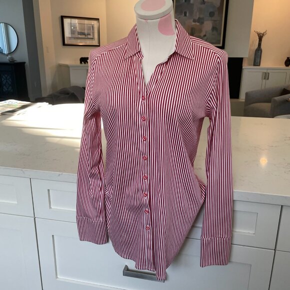 Desoto Eve Collared V Neck Striped Button Down Cotton Blouse Red Wht Sz 36 NWOT - Picture 15 of 15